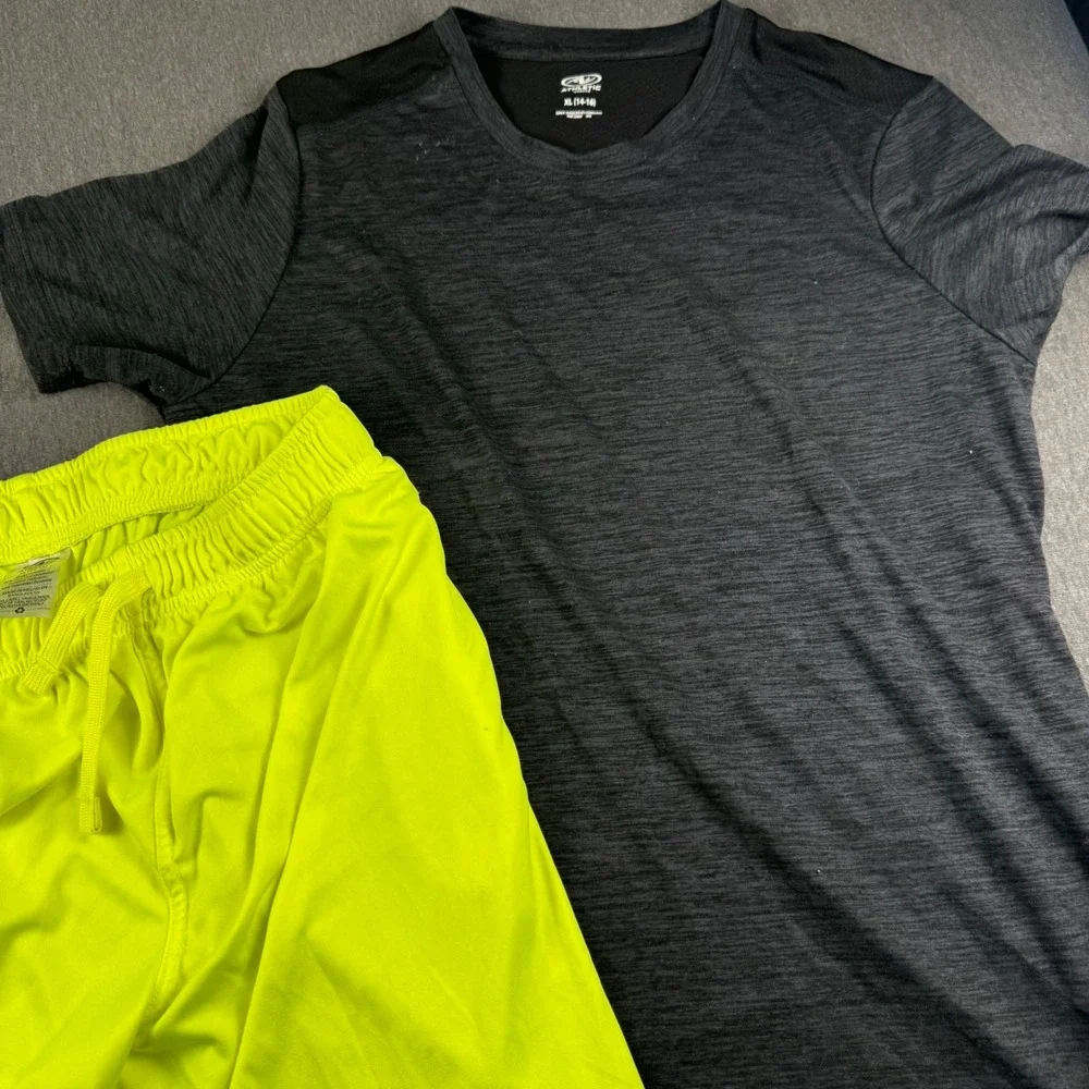 Athletic Works Boys XL 14-16 Activewear Set Grey Shirt Neon Yellow Shorts 2pc